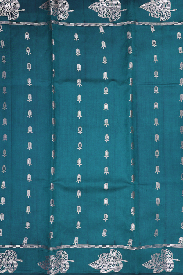 Raw Silk Saree In Teal Blue With Floral Buttas