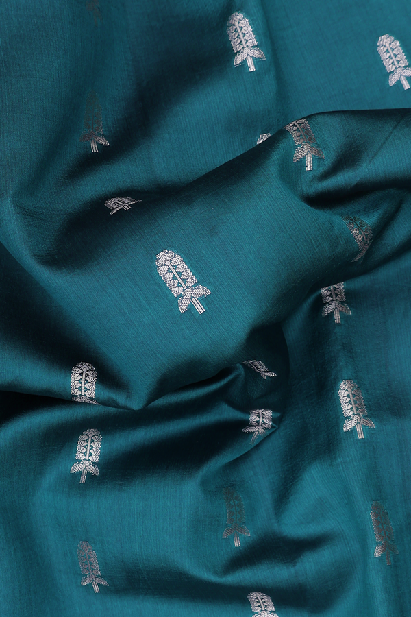 Raw Silk Saree In Teal Blue With Floral Buttas