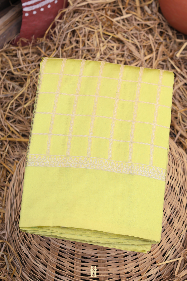 Raw Silk Saree In Pear Green With Checks Design