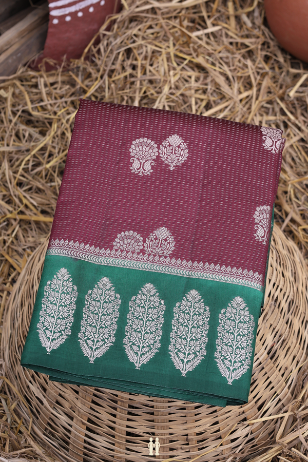 Raw Silk Saree In Plum Brown With Stripes Along Buttas