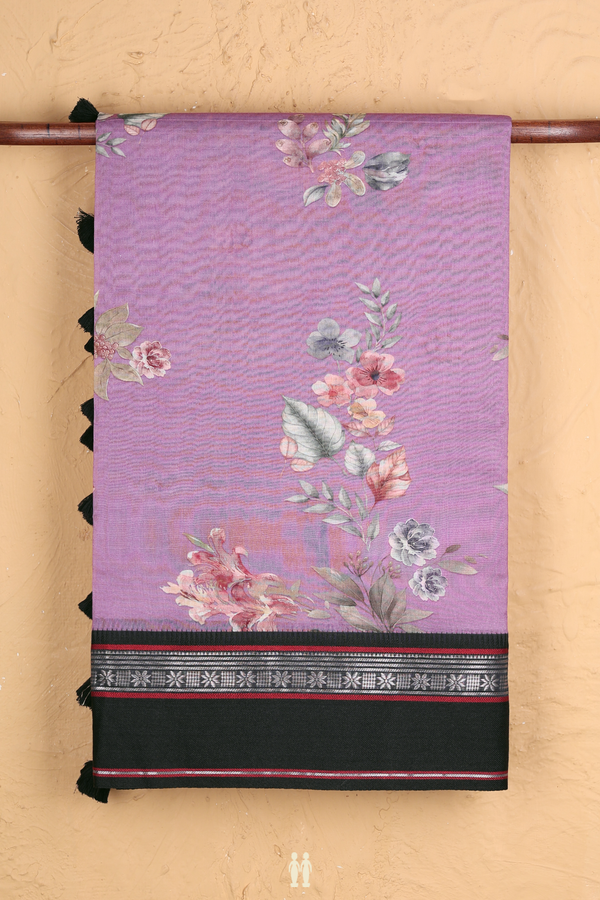 Chanderi Silk Cotton Saree In Dusty Lavender With Floral Design
