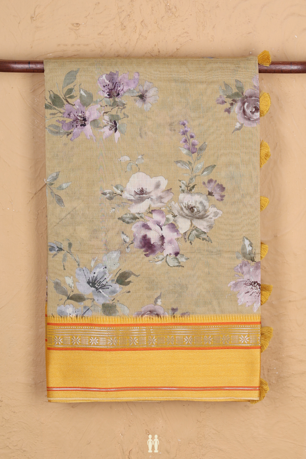 Chanderi Cotton Saree In Light Yellow With Floral Design