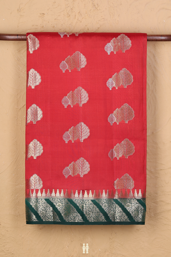 Raw Silk Saree In Scarlet Red With Leaf Buttas
