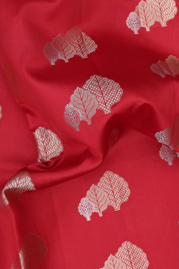 Raw Silk Saree In Scarlet Red With Leaf Buttas