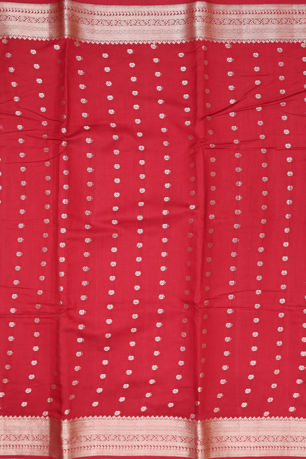 Raw Silk Saree In Crimson Red With Floral Buttas