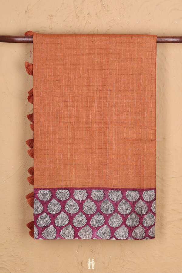 Tussar Silk Saree In Orange With Checks Design