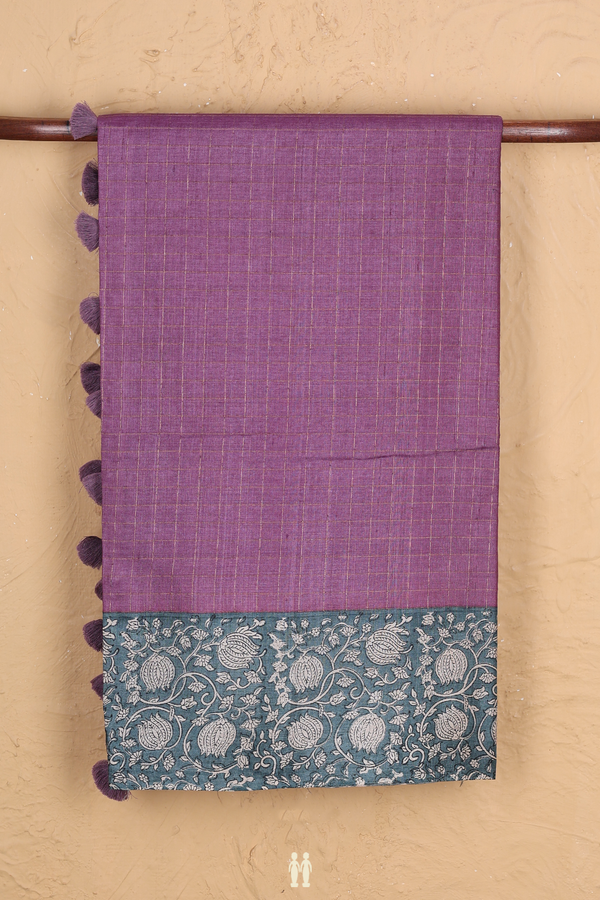 Tussar Silk Saree In Purple With Checks Design