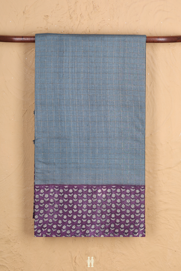 Tussar Silk Saree In Pigeon Blue With Checks Design