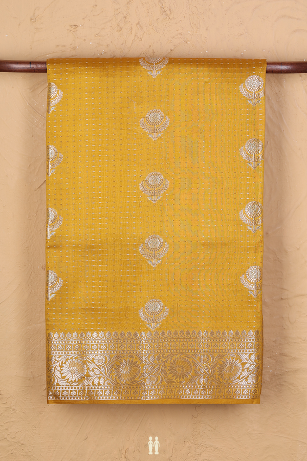 Raw Silk Saree In Mustard Yellow Along Stripes With Buttas