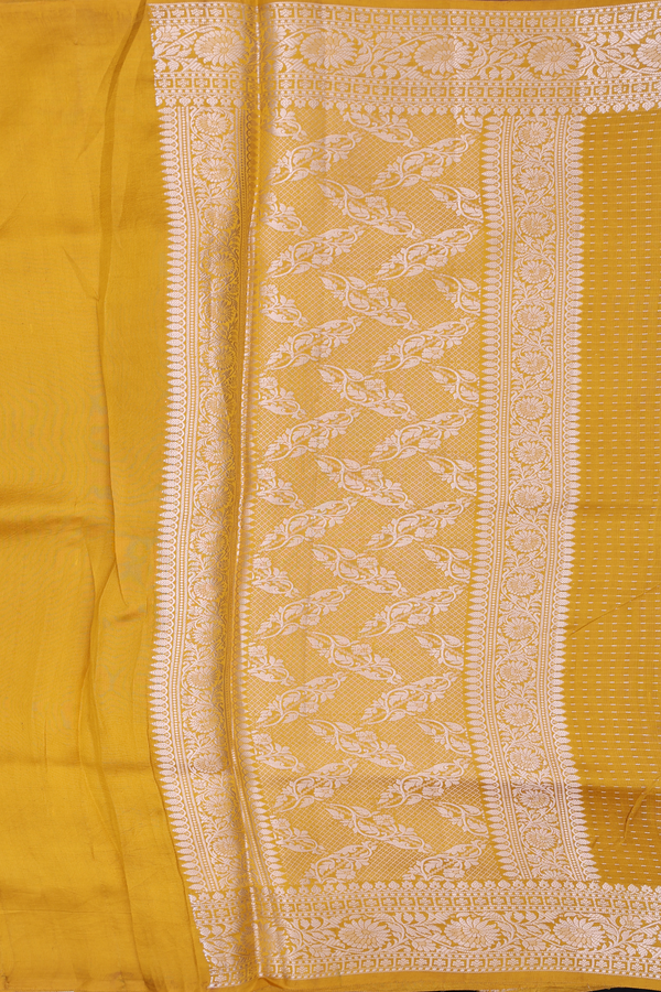 Raw Silk Saree In Mustard Yellow Along Stripes With Buttas