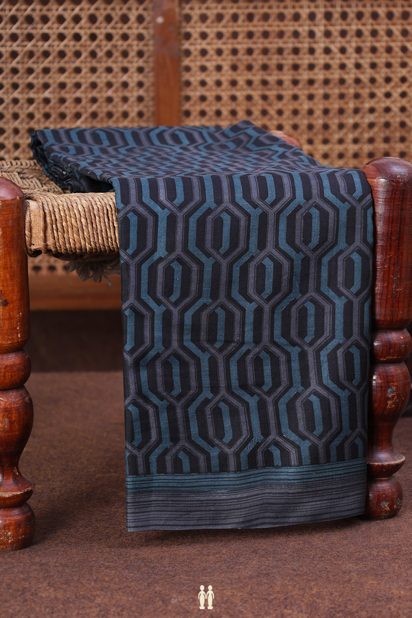 Printed Silk Saree In Black With Geometric Design