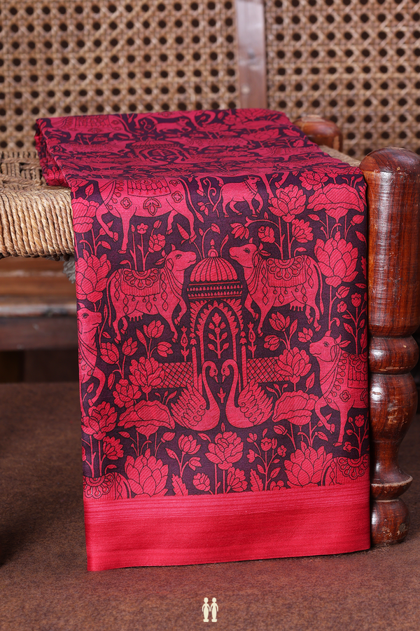 Printed Silk Saree In Deep Purple With Cow Design