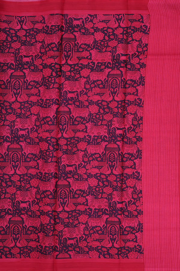 Printed Silk Saree In Deep Purple With Cow Design
