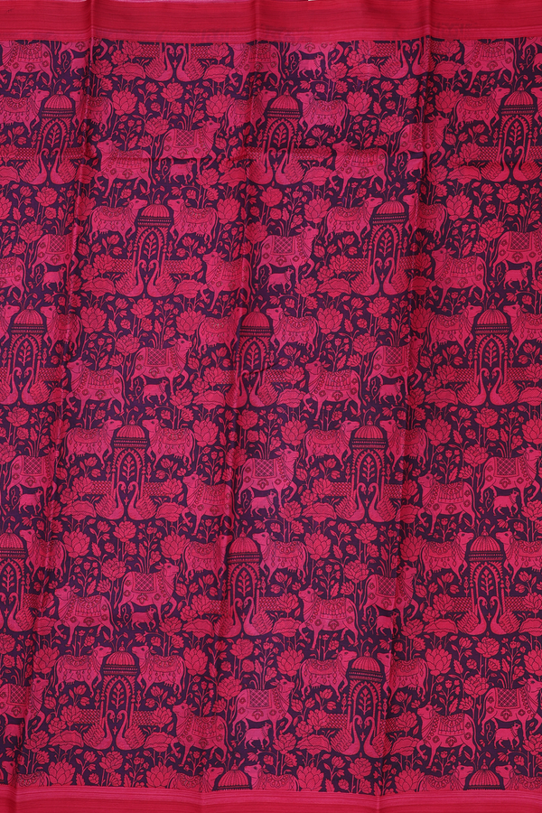 Printed Silk Saree In Deep Purple With Cow Design