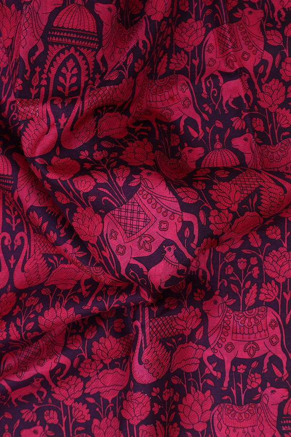 Printed Silk Saree In Deep Purple With Cow Design
