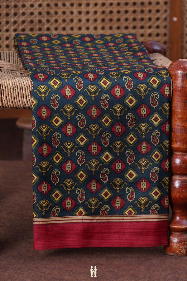 Printed Silk Saree In Midnight Green With Paisley Design