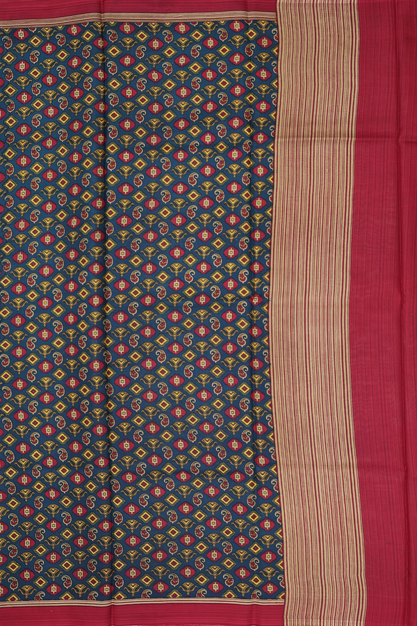 Printed Silk Saree In Midnight Green With Paisley Design
