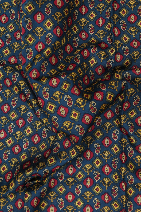 Printed Silk Saree In Midnight Green With Paisley Design