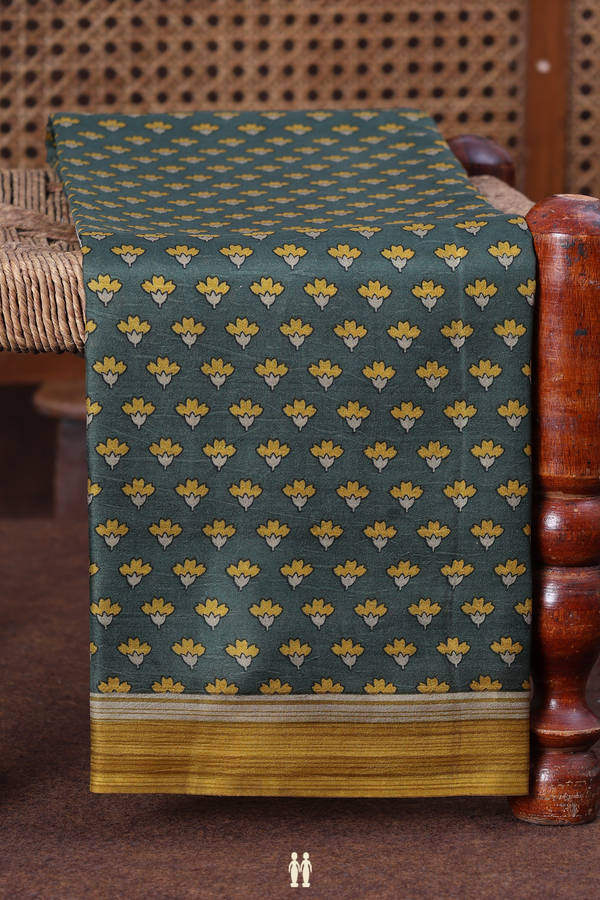 Printed Silk Saree In Forest Green With Floral Buttas