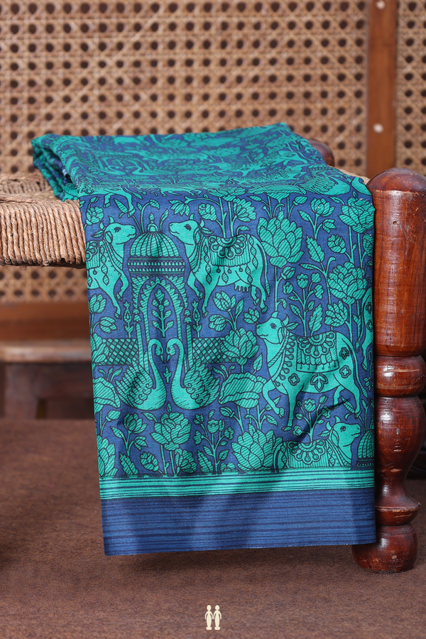 Printed Silk Saree In Oxford Blue With Cow Design