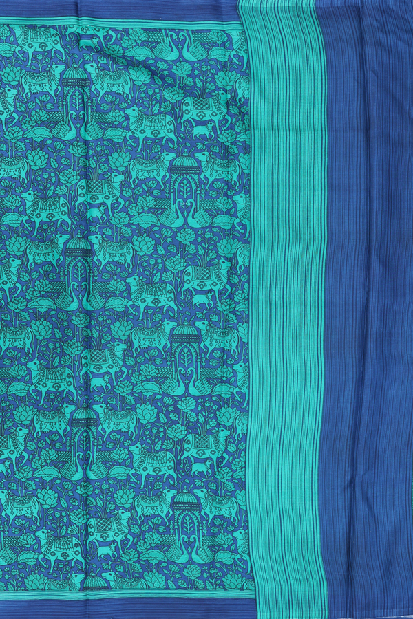 Printed Silk Saree In Oxford Blue With Cow Design