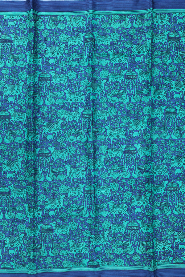 Printed Silk Saree In Oxford Blue With Cow Design