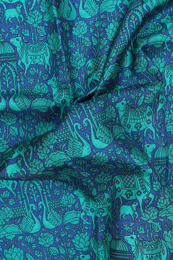 Printed Silk Saree In Oxford Blue With Cow Design