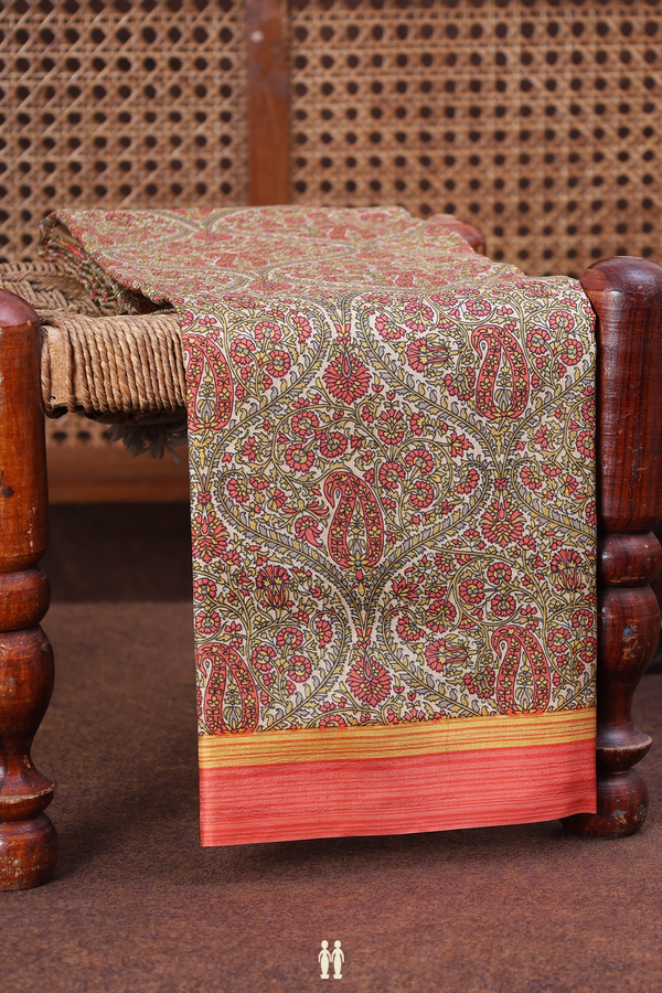 Printed Silk Saree In Ivory With Ogee Design