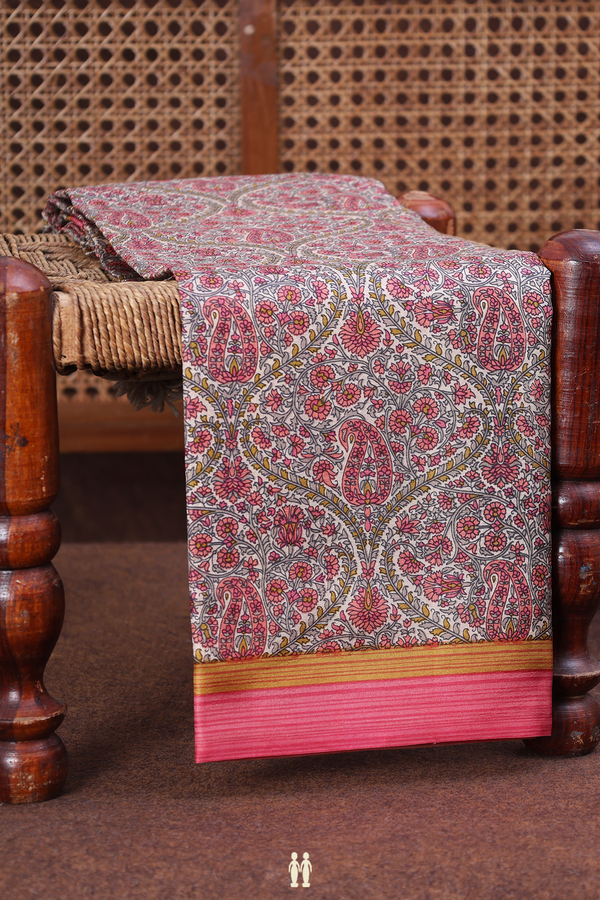 Printed Silk Saree In Ivory With Ogee Design