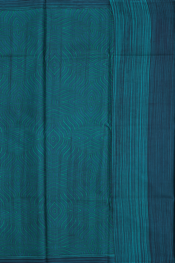 Printed Silk Saree In Green And Blue With Allover Design