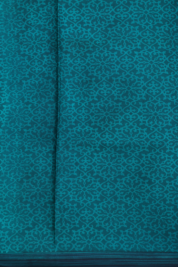 Printed Silk Saree In Green And Blue With Allover Design