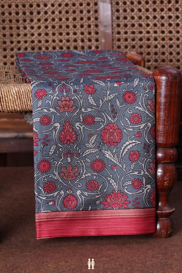 Printed Silk Saree In Grey With Floral Design