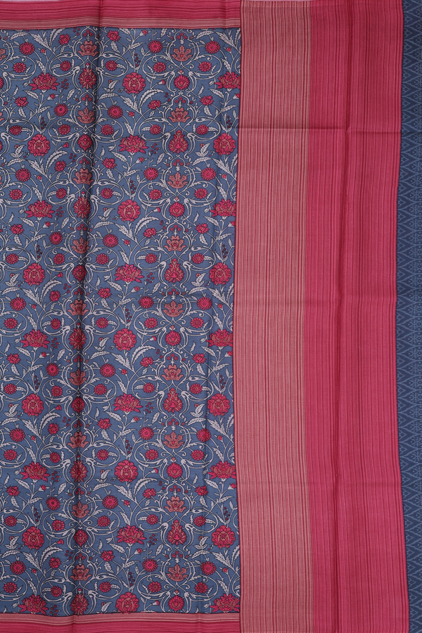 Printed Silk Saree In Grey With Floral Design
