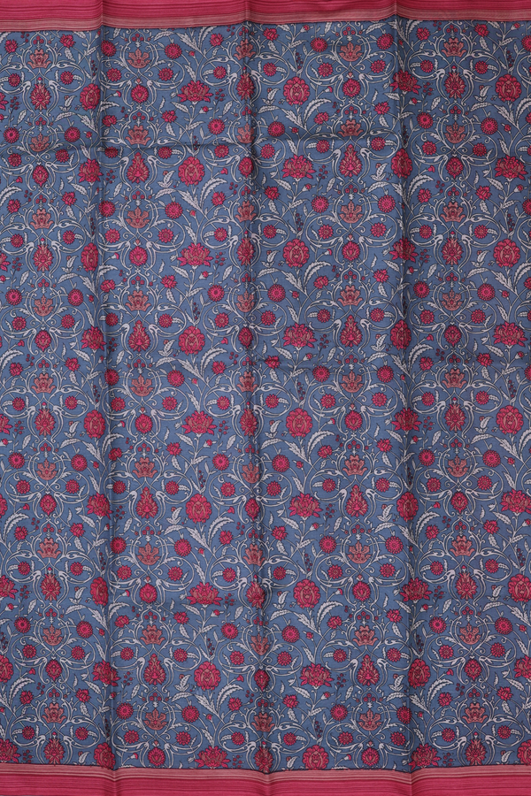 Printed Silk Saree In Grey With Floral Design