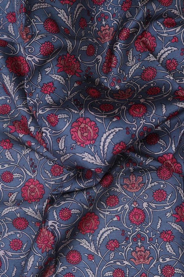 Printed Silk Saree In Grey With Floral Design