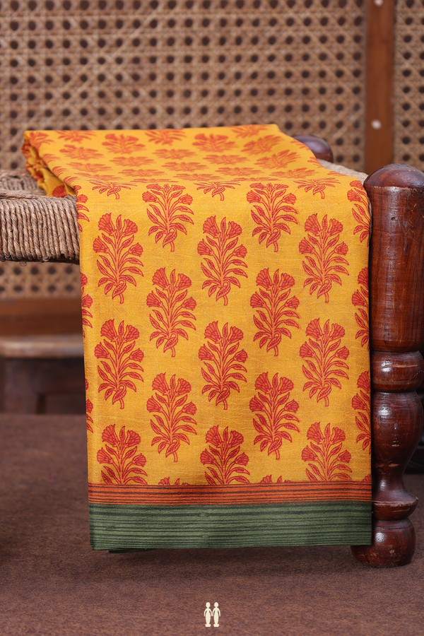 Printed Silk Saree In Honey Orange With Floral Motifs