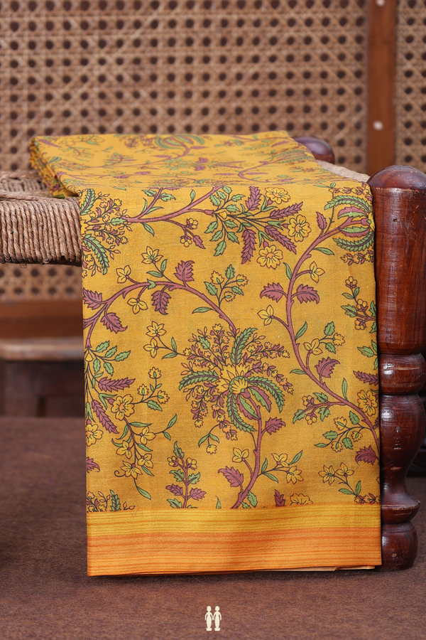 Printed Silk Saree In Golden Yellow With Floral Design