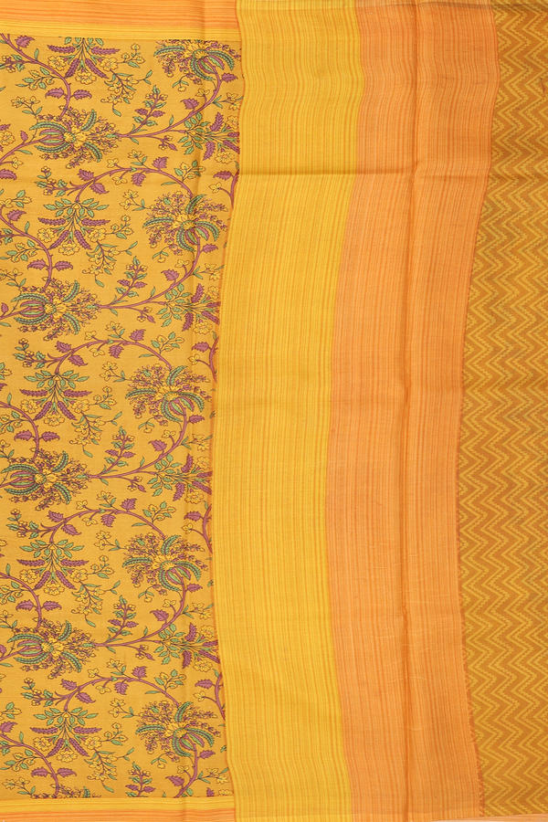 Printed Silk Saree In Golden Yellow With Floral Design