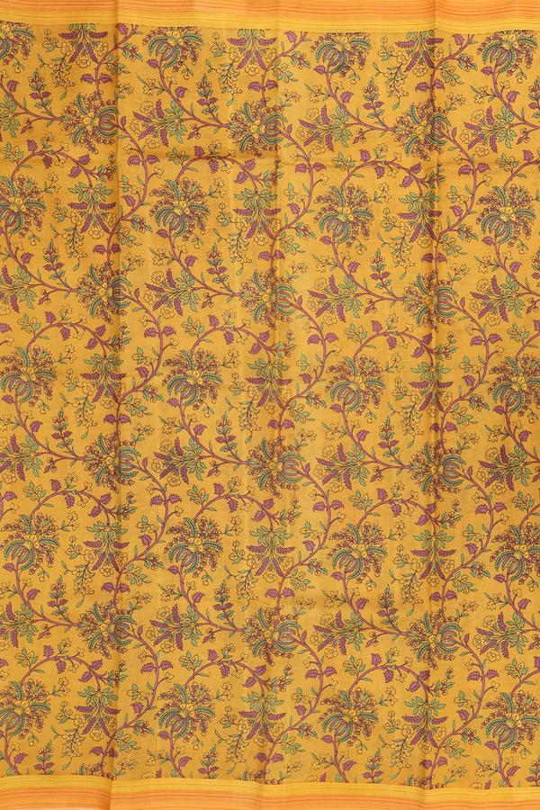 Printed Silk Saree In Golden Yellow With Floral Design