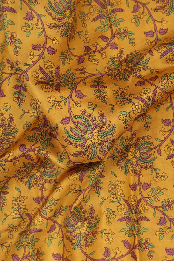 Printed Silk Saree In Golden Yellow With Floral Design