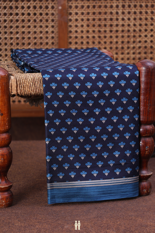 Printed Silk Saree In Navy Blue With Floral Buttas