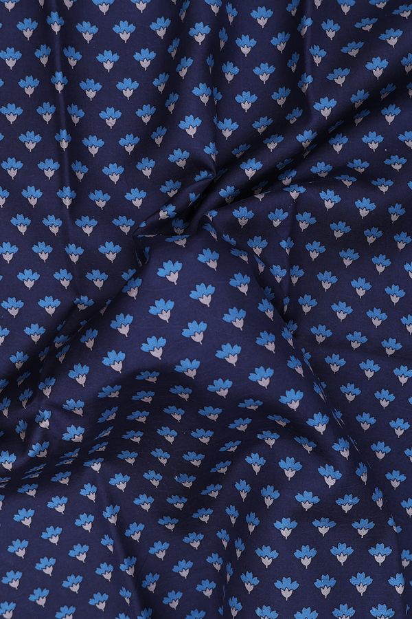 Printed Silk Saree In Navy Blue With Floral Buttas