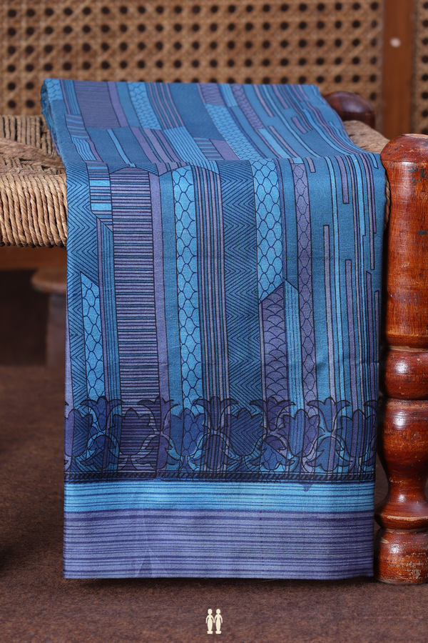 Printed Silk Saree In Shades Of Blue With Allover Design