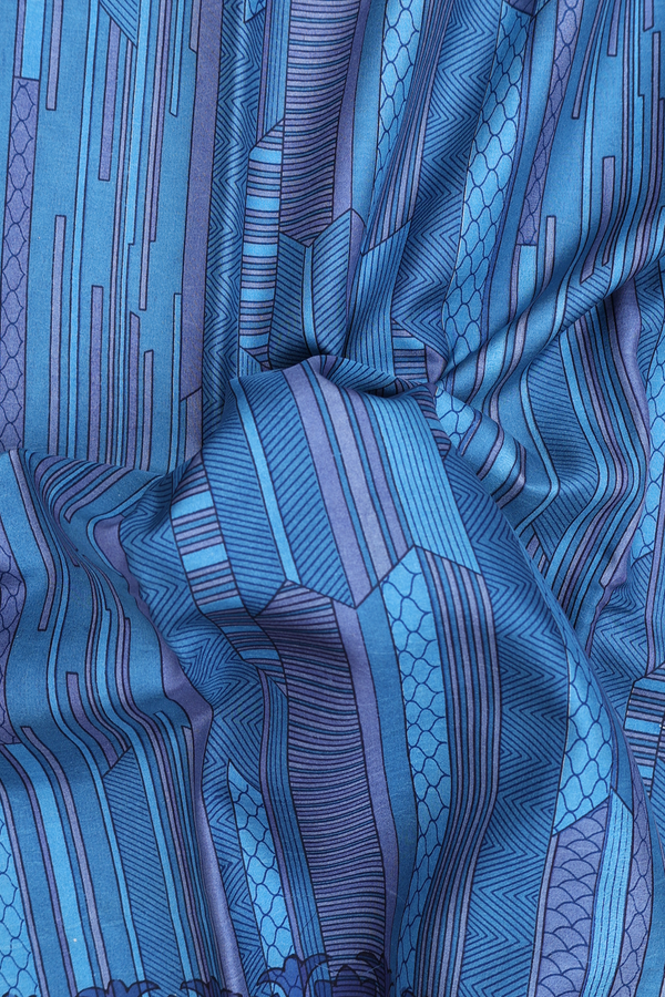 Printed Silk Saree In Shades Of Blue With Allover Design