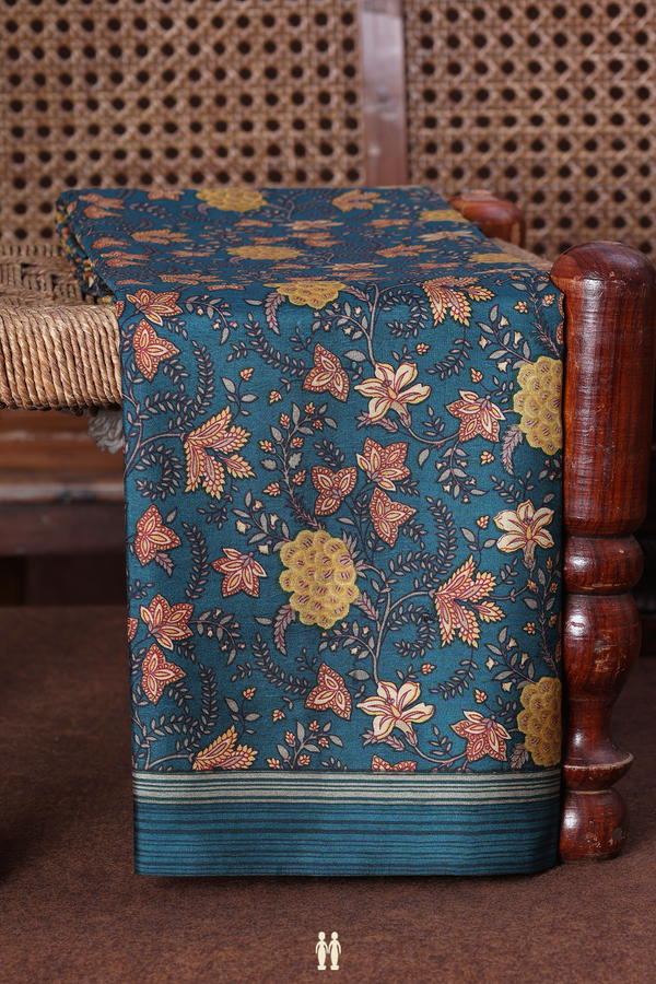 Printed Silk Saree In Prussian Blue With Floral Design