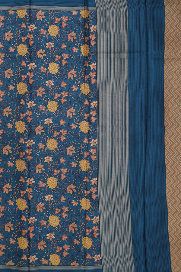 Printed Silk Saree In Prussian Blue With Floral Design