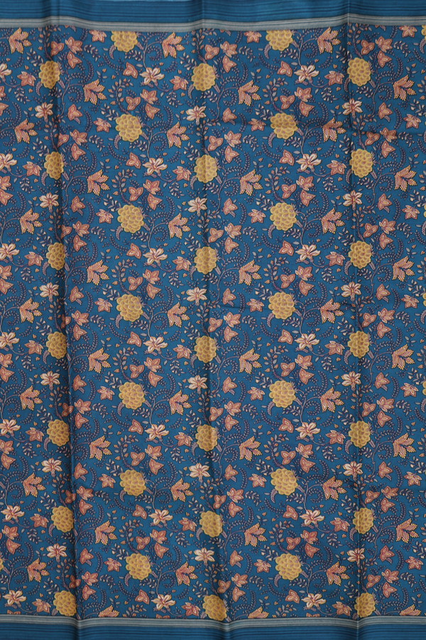 Printed Silk Saree In Prussian Blue With Floral Design