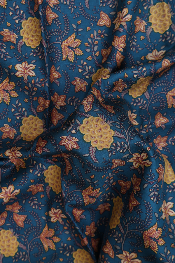 Printed Silk Saree In Prussian Blue With Floral Design