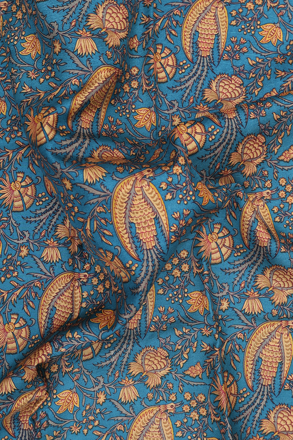 Printed Silk Saree In Teal Blue With Floral Design