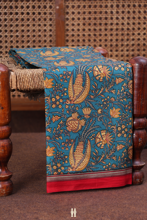 Printed Silk Saree In Teal Blue With Floral Design